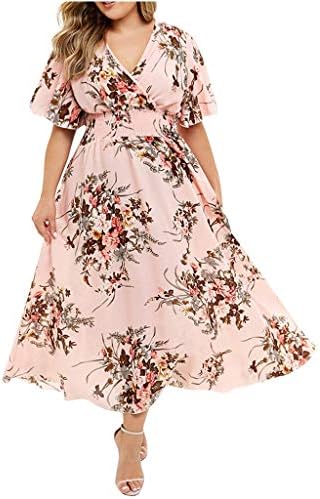 Ženska šifonska cvjetna haljina Plus size boemska ljetna haljina s ramena kratkih rukava izrez u obliku donjeg dijela u obliku