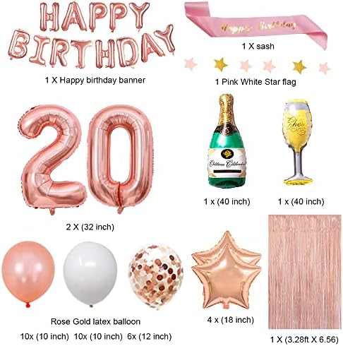 Fancypartyshop ukrasi za 20. rođendan - Rose Gold Happy Birthner Banner i krilo s brojem 20 baloni lateks konfeti baloni