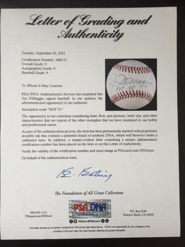 Joe DiMaggio Hof 55 Potpisao Al Baseball, PSA Mint 9 - Autografirani bejzbols