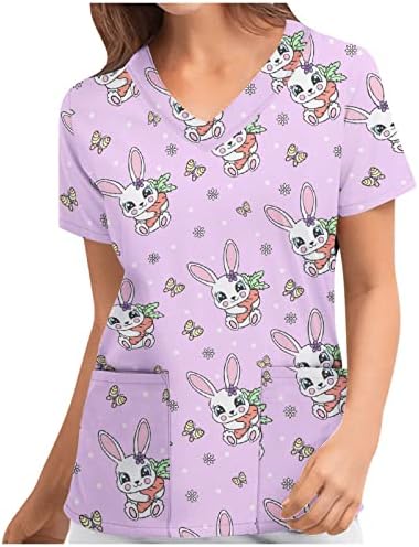 Ženski modni uskrsni scrub_tops kratki rukavi v majica majice majice šarene košulje tiskanih zečeva s džepovima
