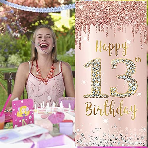 Sretan 13. rođendan, natpis na vratima, pozadinski ukrasi za djevojčice, ružičasto zlato, pribor za natpise za 13. rođendan,