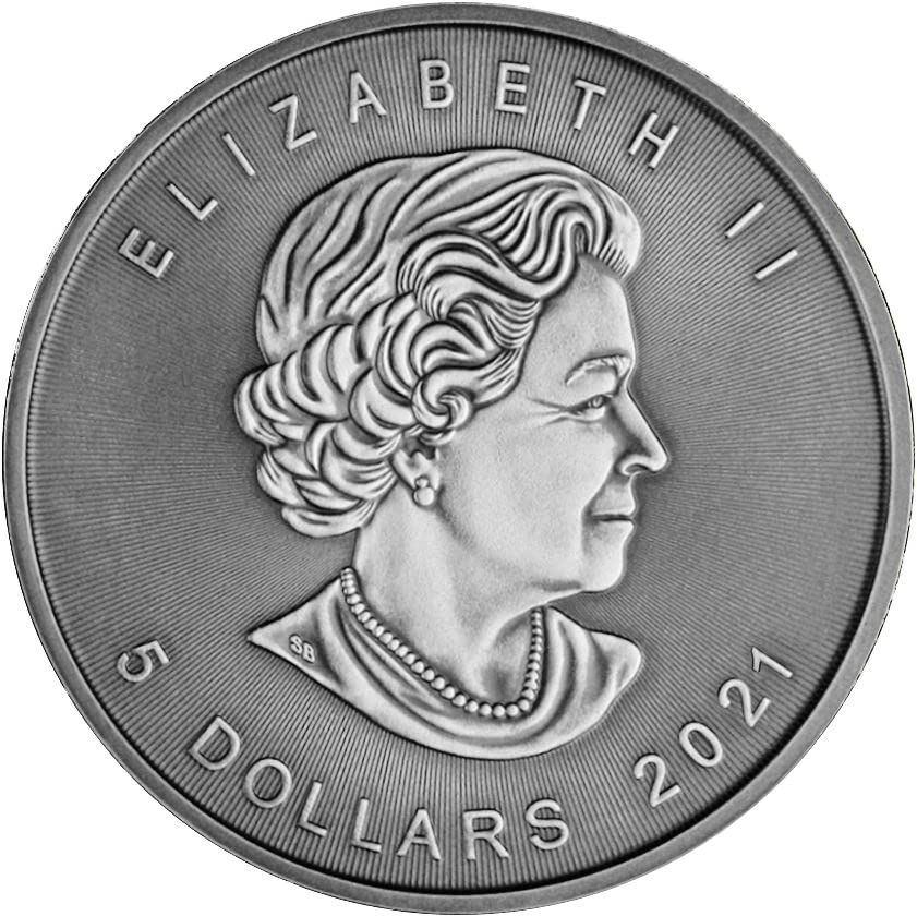 2021 de bejeweled javorov list Powercoin Big Obitelj Antique 1 Oz Silver Coin 5 $ Kanada 2021 bu brilljivo necirkulirano