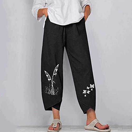 Firero Capris za žene Ljetne lanene hlače plus veličina povremene elastične džepove široke vrećice s visokim strukom.