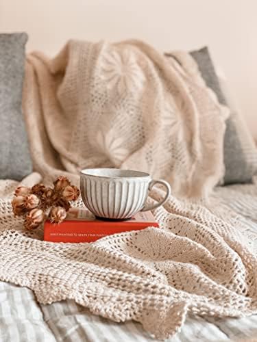 Zenviro boho bacač pokrivač - bež, krem ​​deke od kukica - ručno pleteni pokrivač - kauč kauč pokrivač - vintage čipkasta