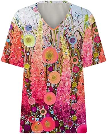 Ženski vrhovi, ženska modna casual cvjetna cvjetna grafička majica s V-izrezom kratki rukavi labavi fit ljetne bluze