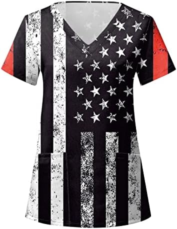 Majice sa zastavom SAD-a za žene 4. srpnja ljetne majice s izrezom u obliku slova u i kratkim rukavima S 2 džepa bluza top