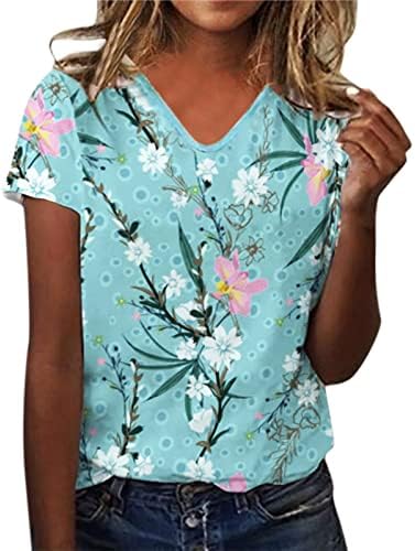 Ljetne ženske kratke rukave v vrat cvjetni tiskani gornji majice ležerne košulje majice majice dugih rukava za žene g-blue