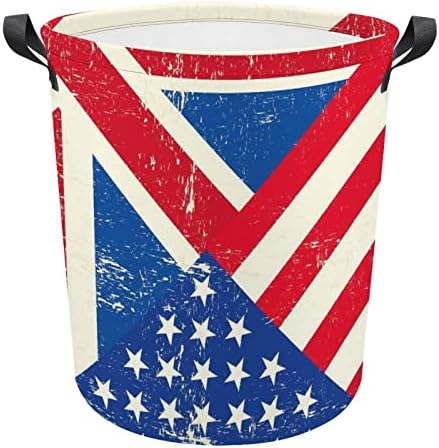 Vintage košara za rublje sa zastavama Velike Britanije i Amerike, sklopiva visoka košara za odjeću s ručkama, torba za pohranu