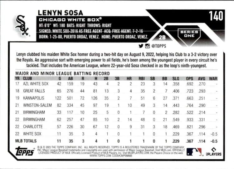 Lenyn Sosa RC 2023 Topps 140 Rookie White Sox NM+ -MT+ MLB bejzbol