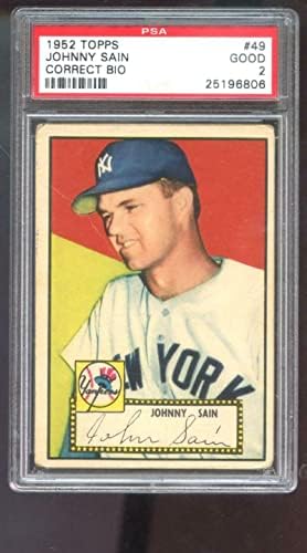 1952. Topps 49 Johnny Sain PSA 2 Ocjenjiva bejzbol kartica New York Yankees Red Back - Slabine bejzbolske karte